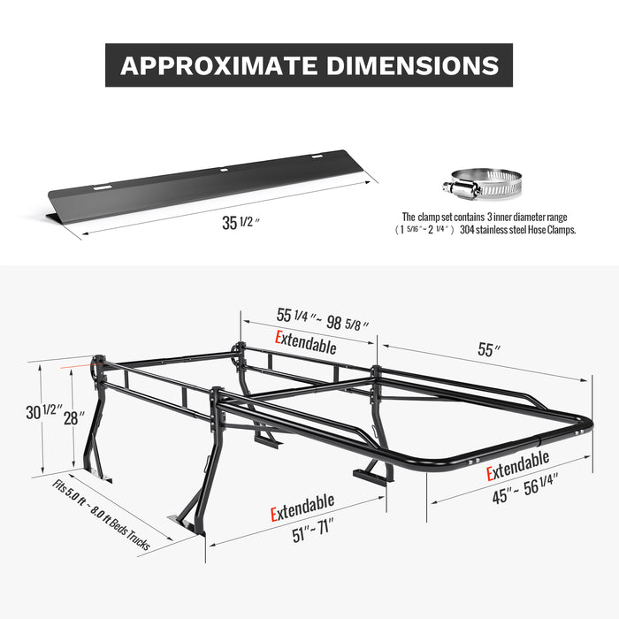 AA-Racks Model X39 Short Bed Truck Ladder Rack Side Bar with Long Cab Ext, Aerodynamic Design with Front Wind Deflector Reduce Wind Noise(X39-LC-WD) - AA Products Inc