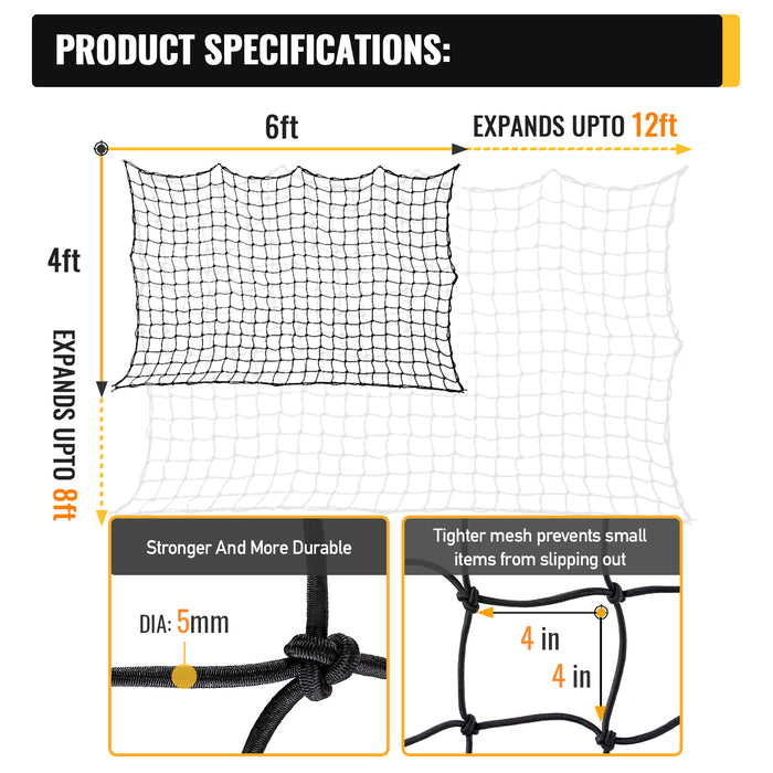 AA Products 4'x6' Bungee Cargo Net for Truck Bed Stretches to 8'x12' | No Gaps Securing Cargo Nets to Rooftop Carrier, Roof Rack, Cargo Hitch, SUV | 24 Pieces Universal Hooks (CN-4-6) - AA Products Inc