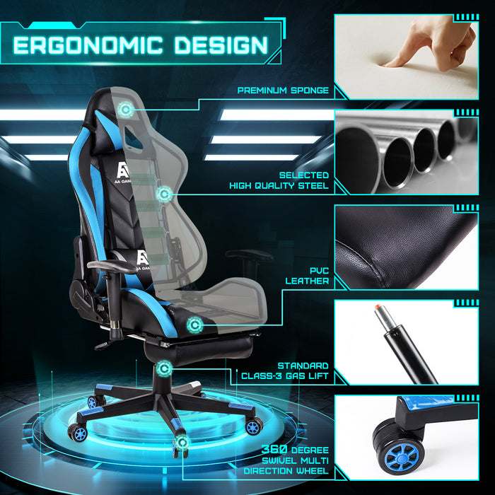 AA Products Gaming Chair High Back Ergonomic Computer Racing Chair Adjustable Office Chair with Footrest, Lumbar Support Swivel Chair - Blue - AA Products Inc