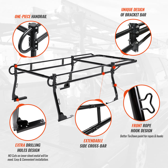 AA-Racks Model X31 Truck Bed Ladder Racks for Pickups with 55'' Side Bar Over Cab Ext. Lumber Utility Pipe Racks - Matte Black(2 Packages) - AA Products Inc