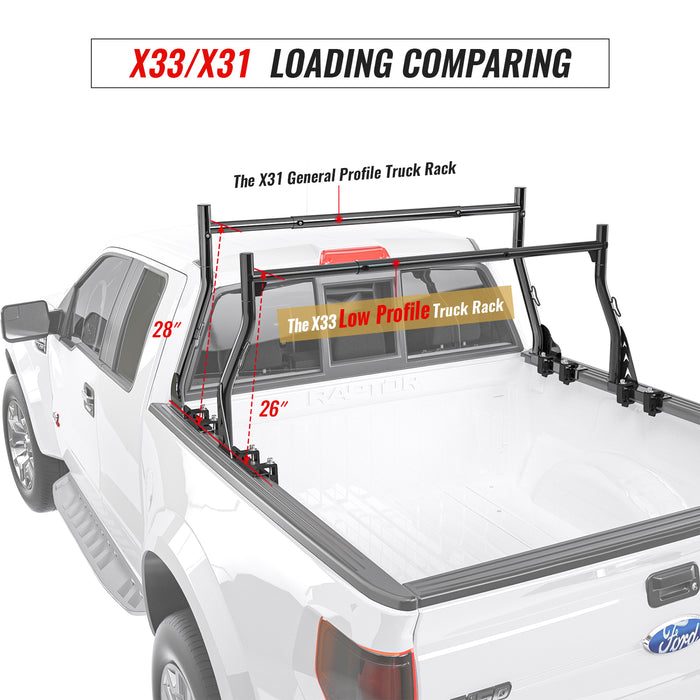 Model X33 Low-Profile Pickup Truck Ladder Racks with (8) Non-Drilling C-Clamps Steel Utiity Two-bar Set - Black(X33-8Clamp-BLK) - AA Products Inc