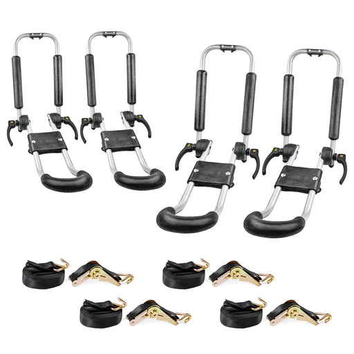 AA-Racks 2 Pair J-Bar Foldable Aluminum Kayak Rack Roof Top Mount with 16 Ft Ratchet Lashing Straps, Folding Carrier for Your Canoe, SUP and Kayaks on SUV Car Truck (KAX125)
