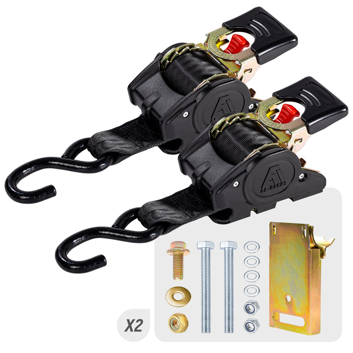 AA-Racks Heavy Duty Retractable Ratchet Straps (2 Pack) - 2 Inch x 9 Ft 3300lbs Break Strength, Tie Down Straps for Securing Cargo, Truck Rack Ratchet Strap Kit with S-Hooks - AA Products Inc