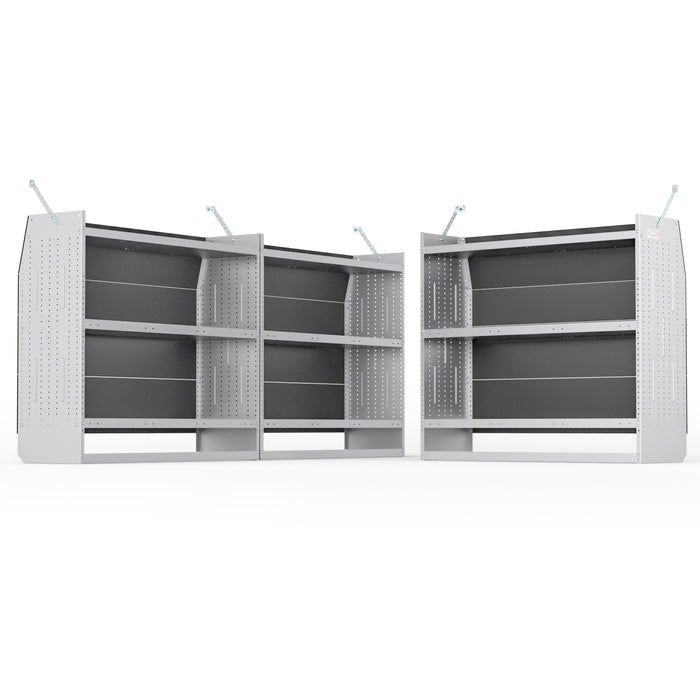 AA Products Model SH-4605-T3(3) Steel Low/Mid/High Roof Van Shelving Storage System Fits Transit, GM, NV, Promaster, Sprinter and Metris, Set of 3 Contoured Shelving Unit, 52" W x 46" H x 16" D - AA Products Inc