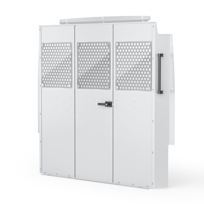 AA Products Model PT-PR-DKWB Steel Cargo Van Safety Partition Equipped with Acrylic Custom Window Board, High/Low Roof Protective Bulkhead with Door Kit Fit for ProMaster Full Size Vans - AA Products Inc