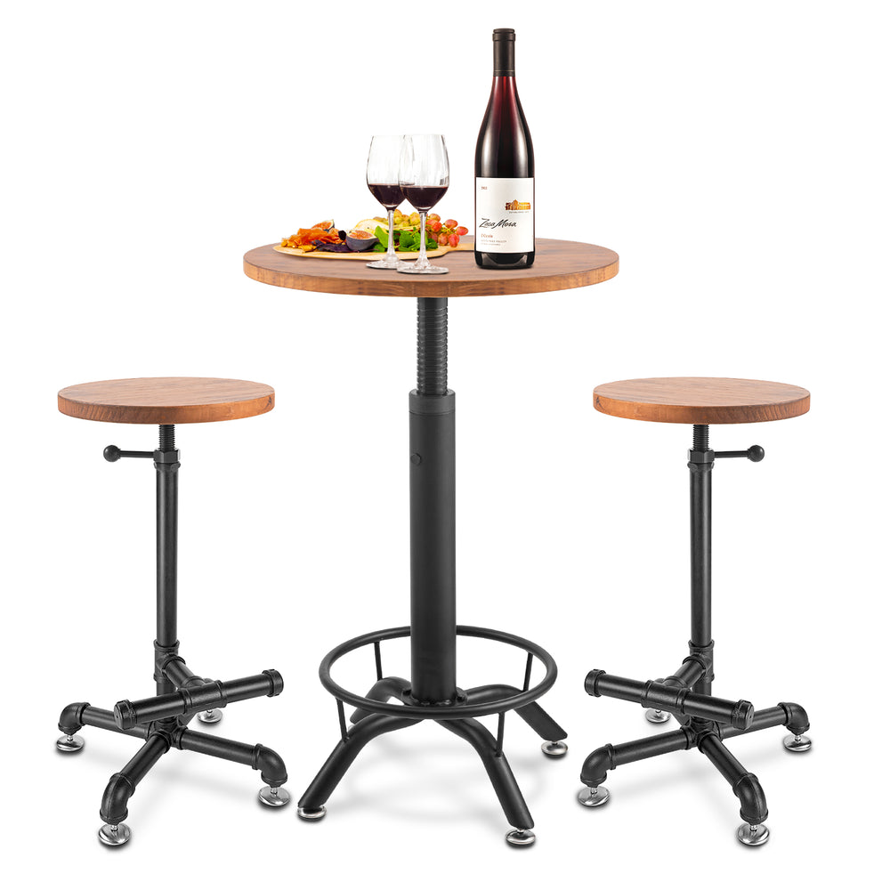 AA Products Industrial Bar Table & Stools Sets, 23.6" Dia Swivel Round Wood Adjustable Height Bar Table and Chairs Set for Party Bistro Cafe Cocktail Whiskey Equipped with Crank Handle (IBTS-01) - AA Products Inc