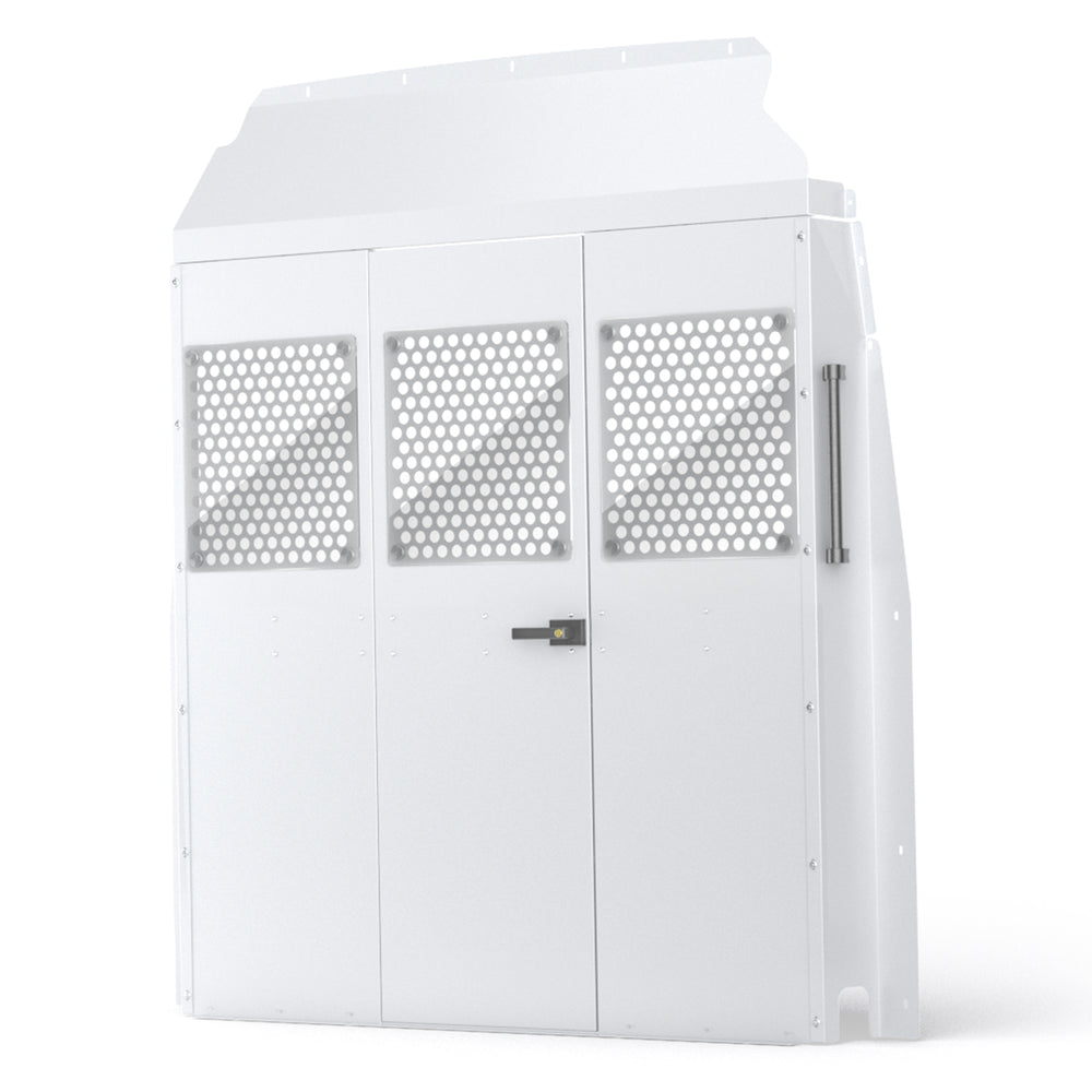 AA Products Model PT-SP-HR-DKWB Steel Cargo Van Safety Partition Equipped with Acrylic Custom Window Board, High Roof Protective Bulkhead with Door Kit Fit for Full Size Sprinter Vans Grey