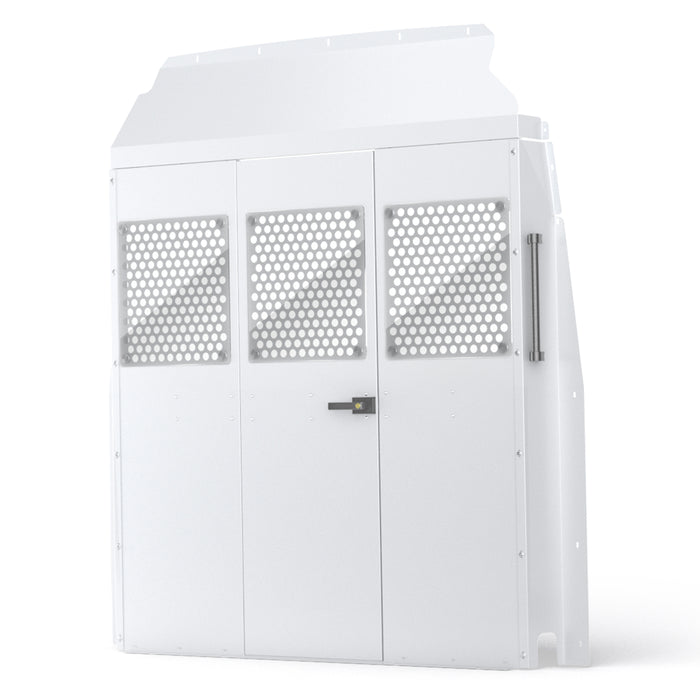 AA Products Model PT-SP-HR-DKWB Steel Cargo Van Safety Partition Equipped with Acrylic Custom Window Board, High Roof Protective Bulkhead with Door Kit Fit for Full Size Sprinter Vans Grey