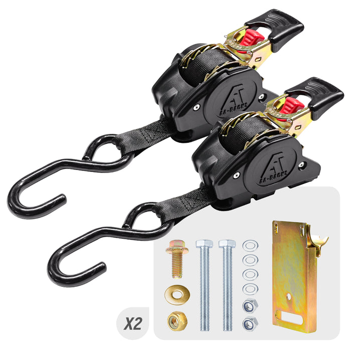 AA-Racks Retractable Ratchet Straps (2 Pack) - 1 Inch x 9 Ft 1200lbs Break Strength, Tie Down Straps for Securing Cargo, Truck Rack Ratchet Strap Kit with S-Hooks 400 lb Capacity（P-TRS-01(2)） - AA Products Inc