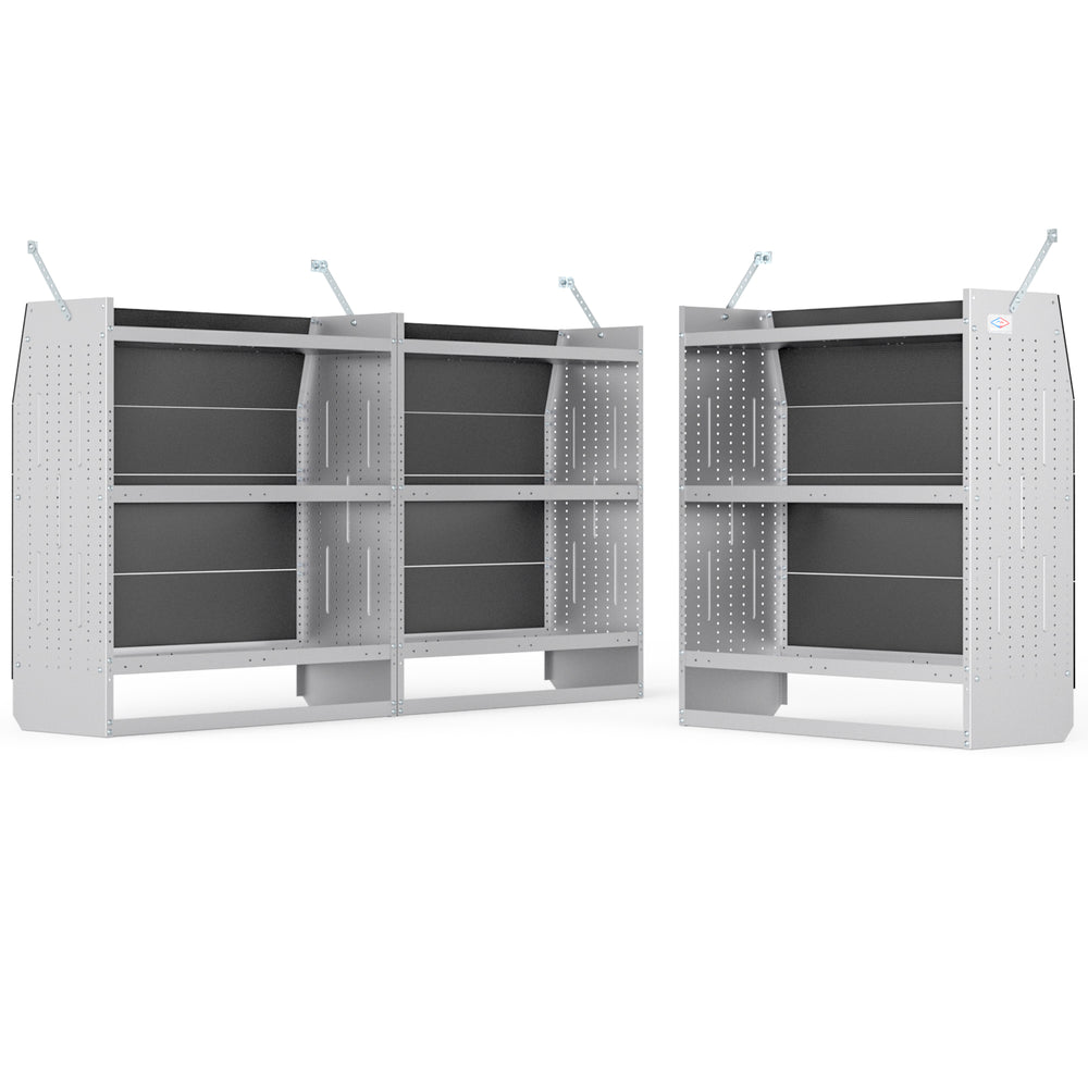 AA Products Model SH-4604-T3(3) Steel Low/Mid/High Roof Van Shelving Storage System Fits Transit, GM, NV, Promaster, Sprinter and Metris, Set of 3 Contoured Shelving Unit, 42" W x 46" H x 16" D - AA Products Inc