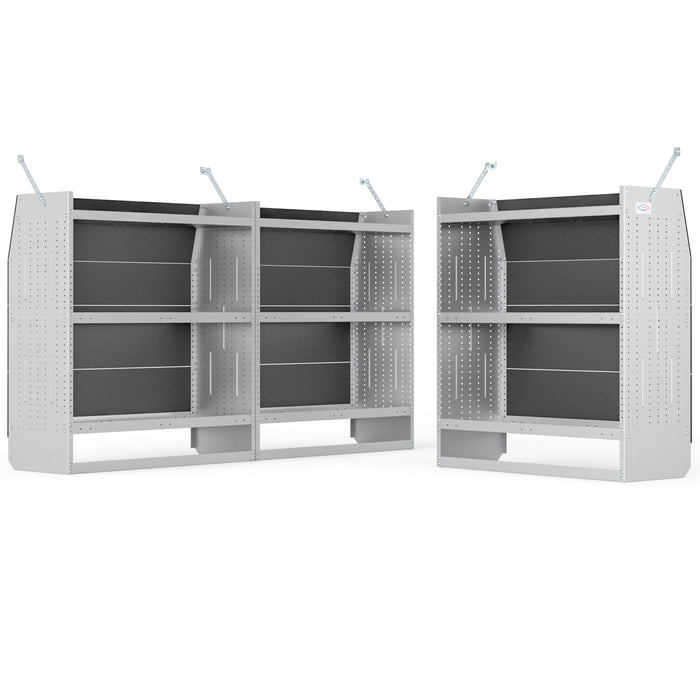 AA Products Model SH-4604-T3(3) Steel Low/Mid/High Roof Van Shelving Storage System Fits Transit, GM, NV, Promaster, Sprinter and Metris, Set of 3 Contoured Shelving Unit, 42" W x 46" H x 16" D - AA Products Inc
