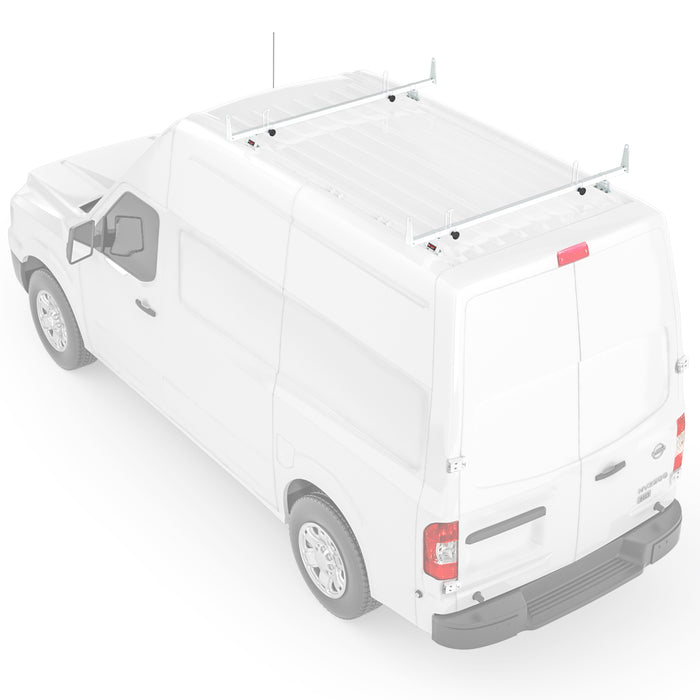 AA-Racks Model X202-NV Compatible NV 2012-On Heavy Gauge Steel 2 Bar Van Roof Rack System w/ Ladder Stopper White - AA Products Inc