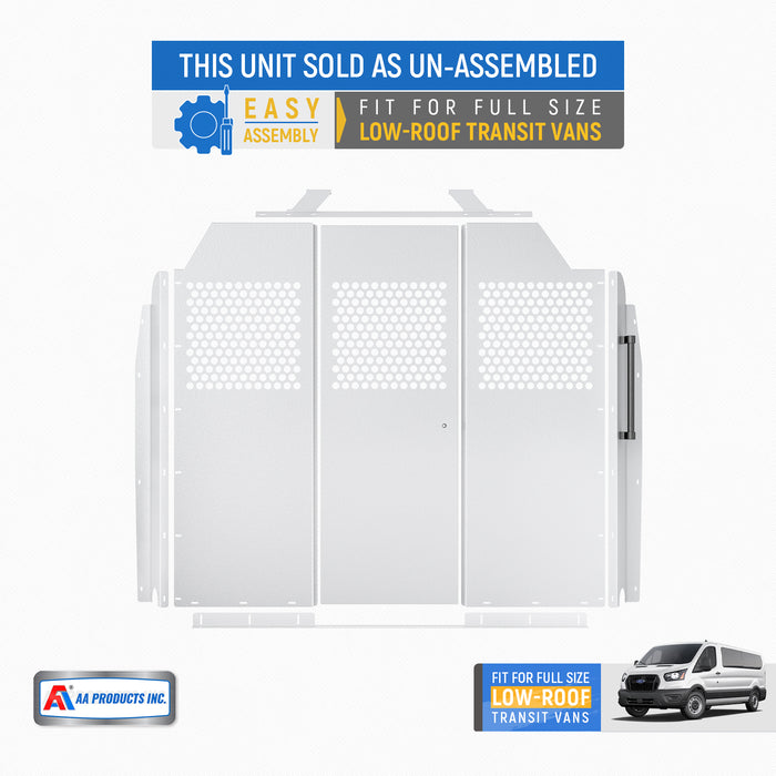 AA Products Model PT-TR-LR-DKWB Steel Cargo Van Safety Partition Low Roof Protective Bulkhead Equipped with Acrylic Custom Window Board and Dook Kit Fit for Transit Full Size Vans - AA Products Inc