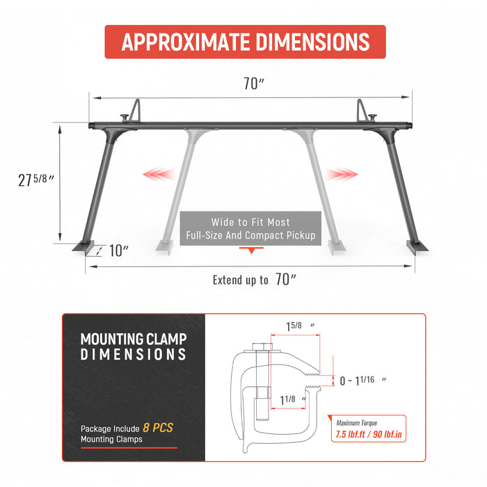 AA-Racks Model APX25-Lite Extendable Aluminum Truck Ladder Rack Adjustable Pick-Up Ladder Rack (No Drilling Required) - Black(APX25-Lite） - AA Products Inc