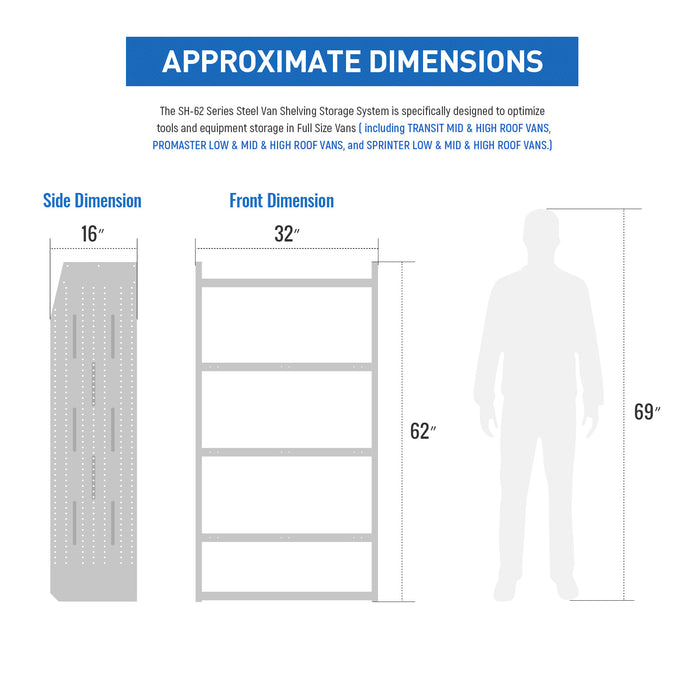 AA Products Model SH-6203 Steel Mid/High Roof Van Shelving Storage System Fits Transit, ProMaster and Sprinter, 4 Tiers Van Shelving Units, 32''W x 62''H x 16''D (SH-6203) - AA Products Inc