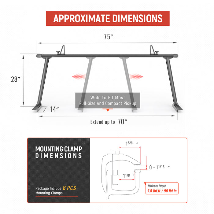 AA-Racks Adjustable Aluminum Pick-Up Truck Ladder Rack (No drilling required) (APX25)