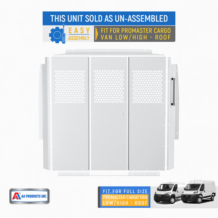 AA Products Model PT-PR-DKWB Steel Cargo Van Safety Partition Equipped with Acrylic Custom Window Board, High/Low Roof Protective Bulkhead with Door Kit Fit for ProMaster Full Size Vans - AA Products Inc