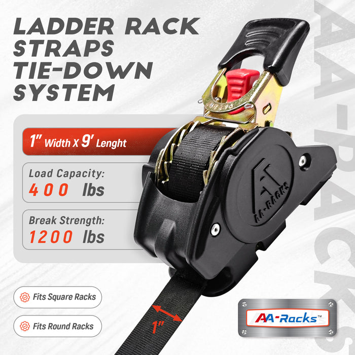 AA-Racks Retractable Ratchet Straps (2 Pack) - 1 Inch x 9 Ft 1200lbs Break Strength, Tie Down Straps for Securing Cargo, Truck Rack Ratchet Strap Kit with S-Hooks 400 lb Capacity（P-TRS-01(2)） - AA Products Inc