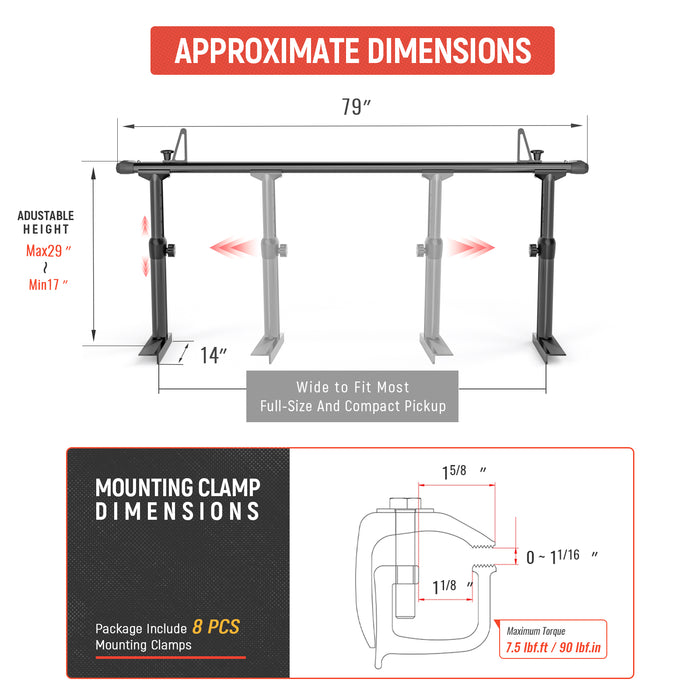 AA-Racks  75" Full-Size Pickup Truck Ladder Racks Low-Profile Height-Adjustable Utility Aluminum Truck Bed Rack with Load Stops-Black(APX2501-BLK) - AA Products Inc
