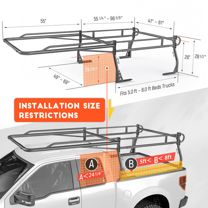 AA-Racks Model X3339 Low-Profile Steel Utility Pick-Up Truck Ladder Rack Compatible with Toolbox with 55'' Side Bar Over Cab Ext. Black - AA Products Inc