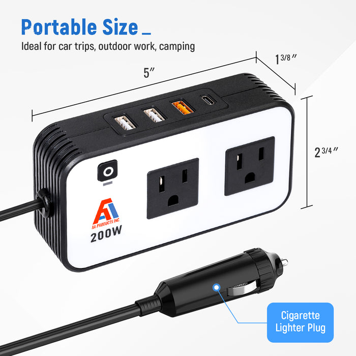AA Products P-SH-Power Inverter 12V DC to 110V AC 200W Car Charger Adapter Various Charging Protocols Fits AA Products Power Tool Organizer (P-SH-PI-01)