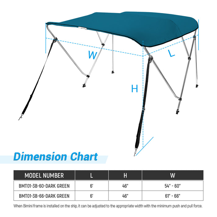 AA Products 3 Bow Bimini Top Cover Sun Shade Boat Canopy Waterproof Includes Storage Boot with Aluminum Frame, 46" Height with Rear Support Poles - AA Products Inc