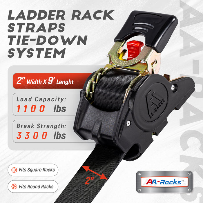 AA-Racks Heavy Duty Retractable Ratchet Straps (2 Pack) - 2 Inch x 9 Ft 3300lbs Break Strength, Tie Down Straps for Securing Cargo, Truck Rack Ratchet Strap Kit with S-Hooks - AA Products Inc