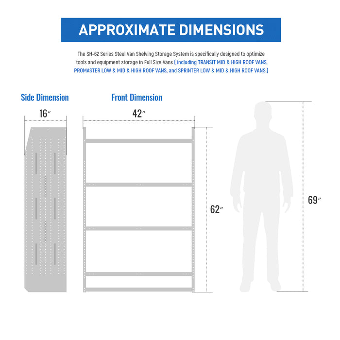 AA Products Model SH-6204 Steel Mid/High Roof Van Shelving Storage System Fits Transit, ProMaster and Sprinter, 4 Tiers Van Shelving Units, 42''W x 62''H x 16''D(SH-6204) - AA Products Inc