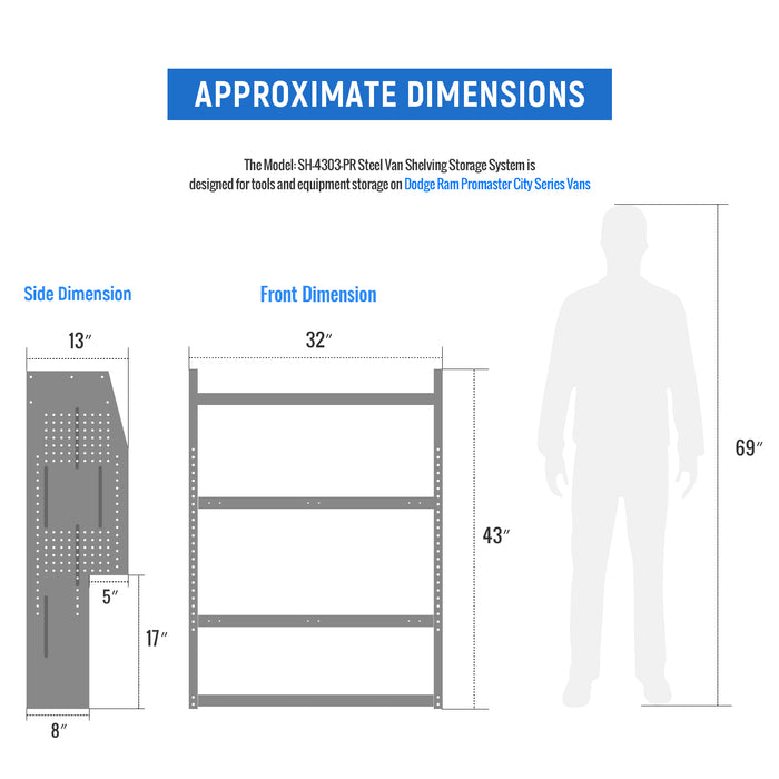 AA Products SH-4303 Steel Van Shelving Storage System Specific Fits for Promaster City, Contoured Shelving Unit, 32" W x 43" H x 13" D (SH-4303-PR) - AA Products Inc