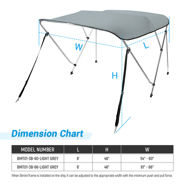 AA Products 3 Bow Bimini Top Cover Sun Shade Boat Canopy Waterproof Includes Storage Boot with Aluminum Frame, 46" Height with Rear Support Poles - AA Products Inc