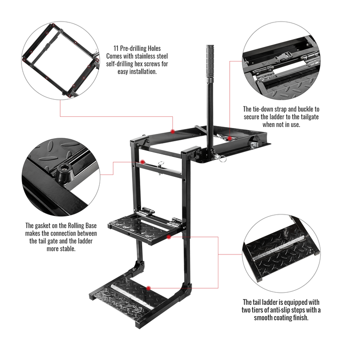 AA Products Foldable Pickup Truck with two step pad Tailgate Ladder Rung Retractable Truck Tailgate Step with Telescopic Handrail, Wide Pedals for Work Flatbed Trucks and Equipment Trailers Easy Install Capacity 300 lb(PTL-03) - AA Products Inc