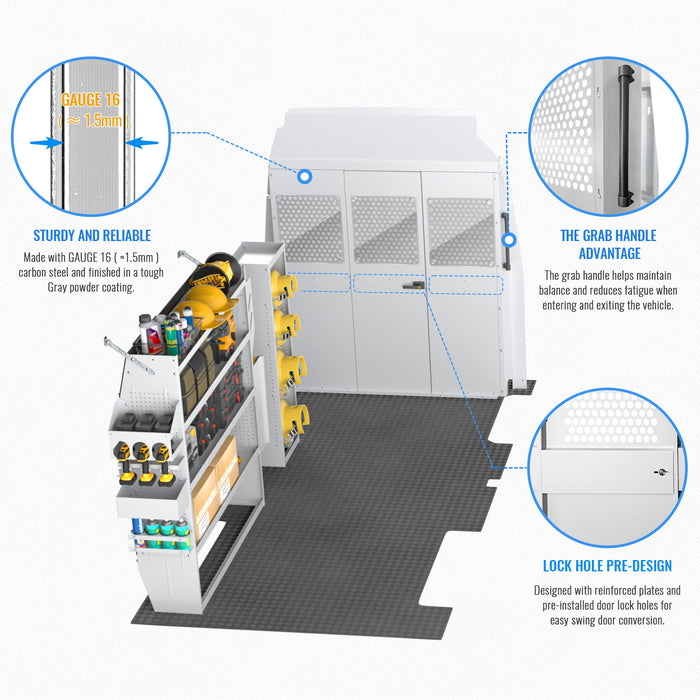 AA Products Model PT-SP-HR-DKWB Steel Cargo Van Safety Partition Equipped with Acrylic Custom Window Board, High Roof Protective Bulkhead with Door Kit Fit for Full Size Sprinter Vans Grey
