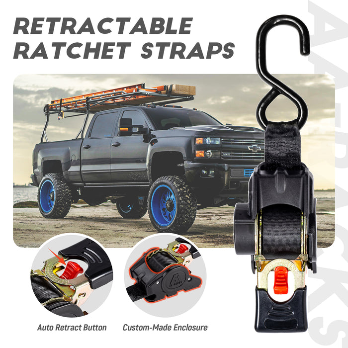 AA-Racks Retractable Ratchet Straps (2 Pack) - 1 Inch x 9 Ft 1200lbs Break Strength, Tie Down Straps for Securing Cargo, Truck Rack Ratchet Strap Kit with S-Hooks 400 lb Capacity（P-TRS-01(2)） - AA Products Inc