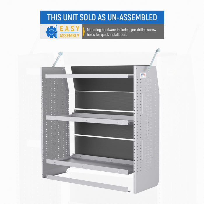 AA Products Model SH-4604-T3(3) Steel Low/Mid/High Roof Van Shelving Storage System Fits Transit, GM, NV, Promaster, Sprinter and Metris, Set of 3 Contoured Shelving Unit, 42" W x 46" H x 16" D - AA Products Inc