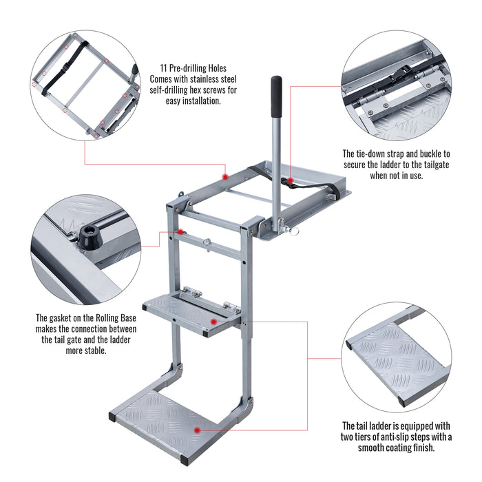 AA Products Aluminum Foldable Tailgate Ladder Rack with Two Step Pad Rung Retractable Truck Tailgate Step with Stable Handrail, Wide Pedals for Work Flatbed Trucks and Equipment Trailers Easy Install Capacity 300 lb (APTL-03) - AA Products Inc