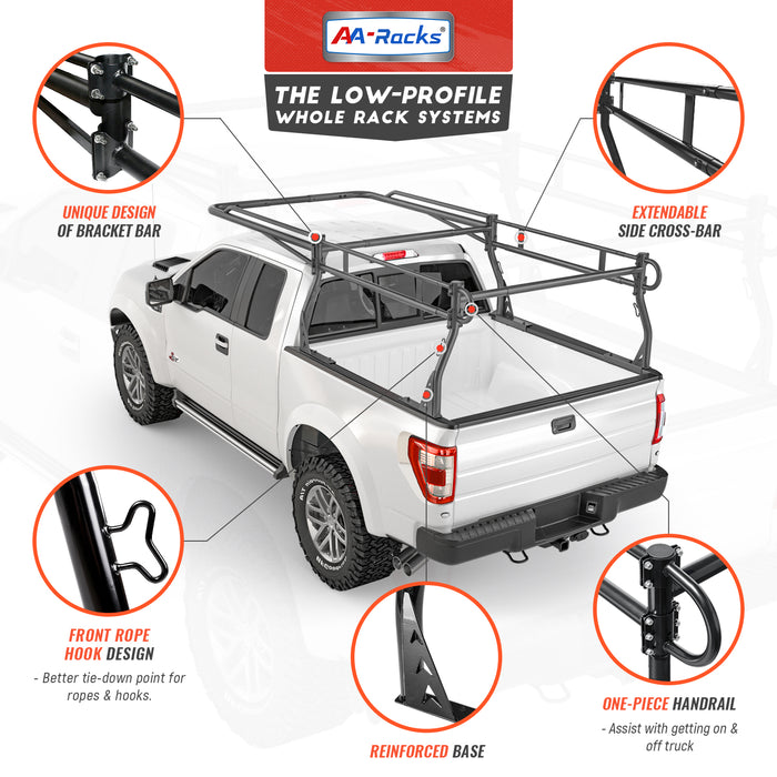 AA-Racks Model X3339 Low-Profile Steel Utility Pick-Up Truck Ladder Rack Compatible with Toolbox with 55'' Side Bar Over Cab Ext. Black - AA Products Inc