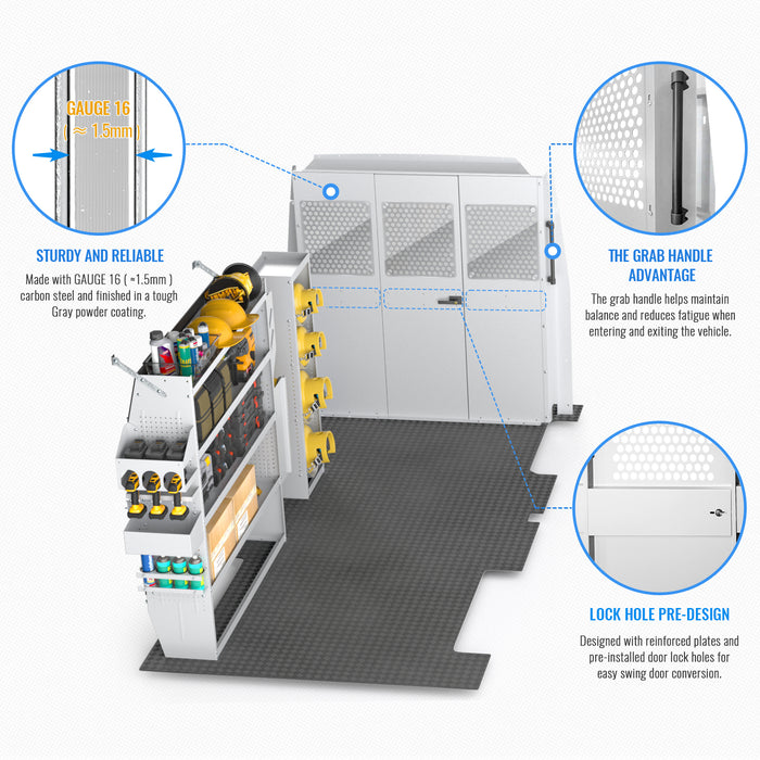 AA Products Model PT-SP-LR-DKWB Steel Cargo Van Safety Partition Equipped with Acrylic Custom Window Board, Low Roof Protective Bulkhead with Door Kit Fit for Full Size Sprinter Vans Grey
