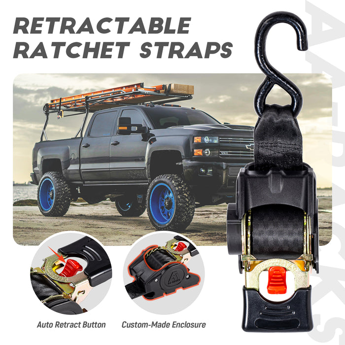 AA-Racks Heavy Duty Retractable Ratchet Straps (2 Pack) - 2 Inch x 9 Ft 3300lbs Break Strength, Tie Down Straps for Securing Cargo, Truck Rack Ratchet Strap Kit with S-Hooks - AA Products Inc