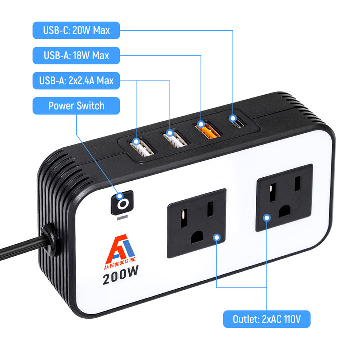 AA Products P-SH-Power Inverter 12V DC to 110V AC 200W Car Charger Adapter Various Charging Protocols Fits AA Products Power Tool Organizer (P-SH-PI-01)