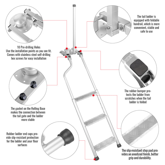 AA Products Aluminum Omni-Directional Tailgate Ladder Rack with Wide Pedal and Handrail for Truck Easy Install Durable Ladder Rack Capacity 300 lbs (APTL-04) - AA Products Inc