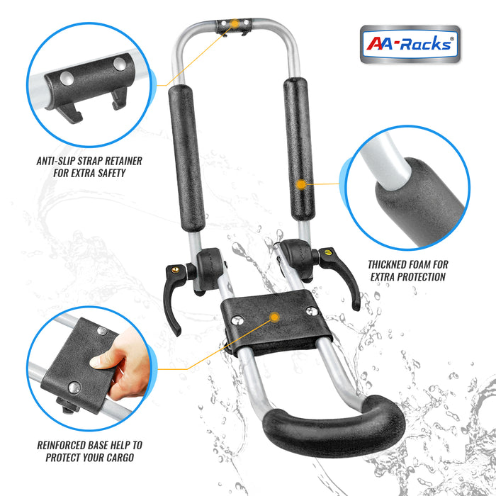 AA-Racks 2 Pair J-Bar Foldable Aluminum Kayak Rack Roof Top Mount with 16 Ft Ratchet Lashing Straps, Folding Carrier for Your Canoe, SUP and Kayaks on SUV Car Truck (KAX125) - AA Products Inc