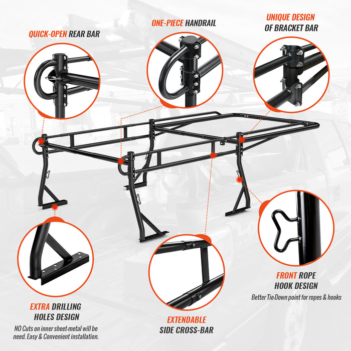 AA-Racks Model RX39-LC Truck Bed Ladder Rack Quick-Open Rotatable Rear Bar Side Bar with Long Cab Ext(RX39-LC) - AA Products Inc