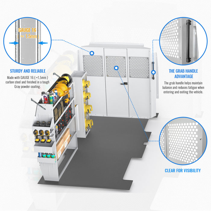 AA Products Model PT-PR-DKWB Steel Cargo Van Safety Partition Equipped with Acrylic Custom Window Board, High/Low Roof Protective Bulkhead with Door Kit Fit for ProMaster Full Size Vans - AA Products Inc