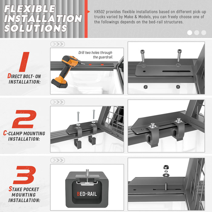 AA-Racks Model HX-502 Extendable Steel Removable Pickup Truck Headache Rack with Protective Set, Sandy Black (HX-502-BLK) - AA Products Inc