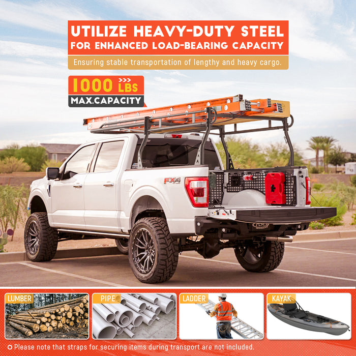 AA-Racks Model X3339 Low-Profile Steel Utility Pick-Up Truck Ladder Rack Compatible with Toolbox with 55'' Side Bar Over Cab Ext. Black - AA Products Inc
