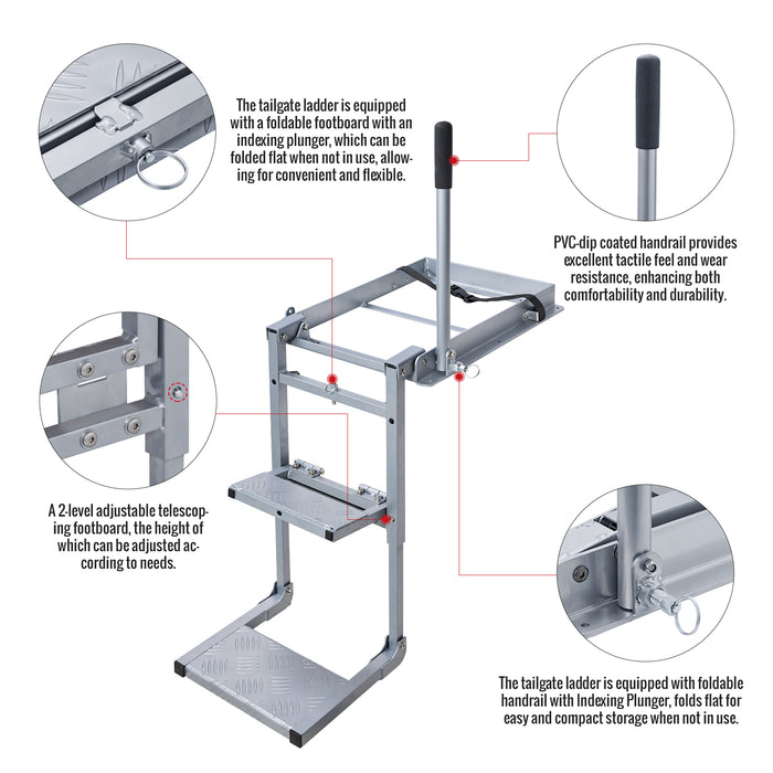 AA Products Aluminum Foldable Tailgate Ladder Rack with Two Step Pad Rung Retractable Truck Tailgate Step with Stable Handrail, Wide Pedals for Work Flatbed Trucks and Equipment Trailers Easy Install Capacity 300 lb (APTL-03) - AA Products Inc