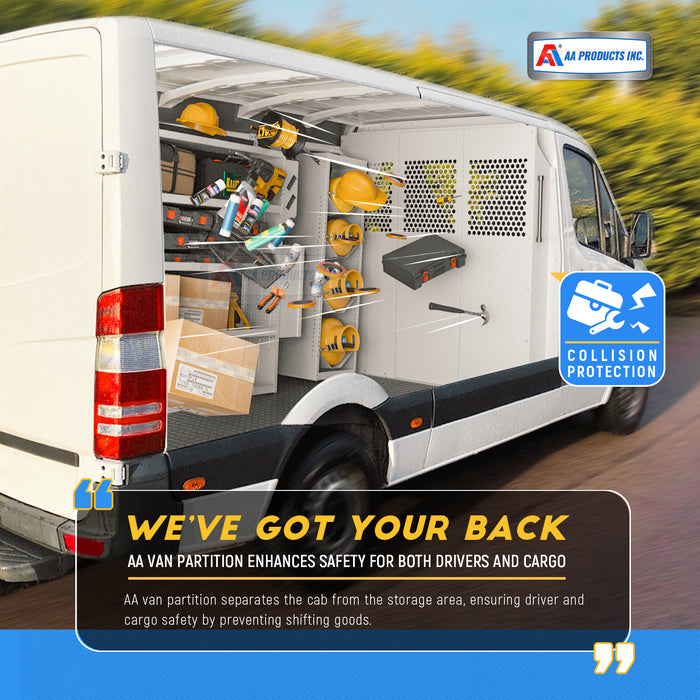 AA Products Model PT-SP-LR Cargo Van Safety Partition Protective Bulkhead Fit for Full Size Low Roof Sprinter Vans Grey