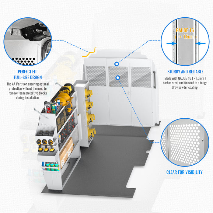 AA Products Model PT-TR-MR-WB Cargo Van Safety Partition Equipped with Acrylic Custom Window Board, Medium Roof Protective Bulkhead Fit for Transit Full Size Vans (PT-TR-MR-WB) - AA Products Inc