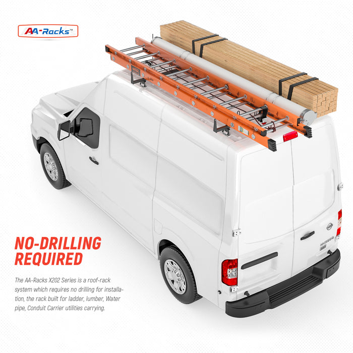 AA-Racks Model X202-NV Compatible NV 2012-On Heavy Gauge Steel 2 Bar Van Roof Rack System w/ Ladder Stopper White - AA Products Inc