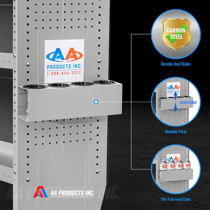 AA Products P-SH-Spray Can Rack 4 Bottle Spray Can Holder Wall-Mounted Rack, Steel Aerosol Can Rack Design for 13" D Van Shelving for Garage and Workspace -Silver (P-SH-SCR-13) - AA Products Inc